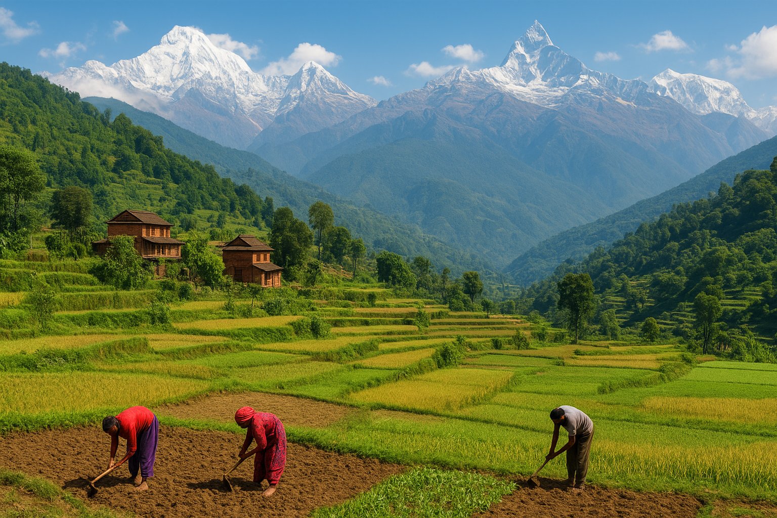 Stunning Nepal Himalayan landscape with terraced fields and rural villages